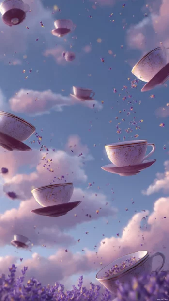 Floating teacups pouring lavender sparkles across a whimsical Cute Lavender sky.