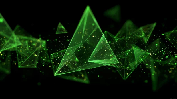 Floating triangular prisms arranged in a vibrant Green Geometric formation with digital glow.