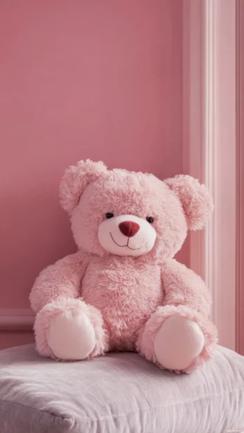 Fluffy Teddy Bear on a cushion, minimal color background.