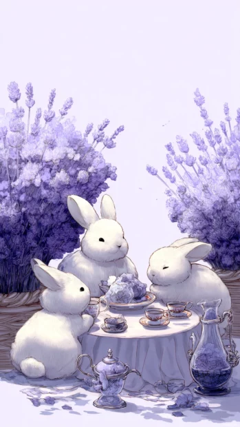 Fluffy bunnies having a tea party surrounded by soft Cute Lavender blooms.