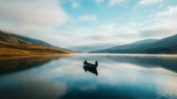 Fly fishing from a boat in the center of a serene lake, surrounded by hills.