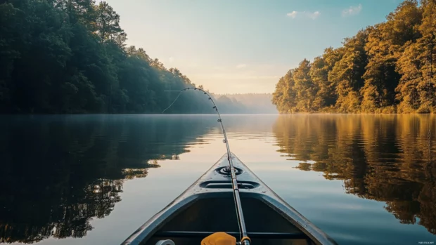 Fly fishing from kayak wallpaper with a peaceful scene of a fly rod arcing over still lake water.