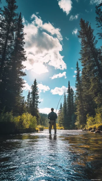 Fly fishing iPhone wallpaper capturing a man casting midstream under tall evergreens and blue skies.