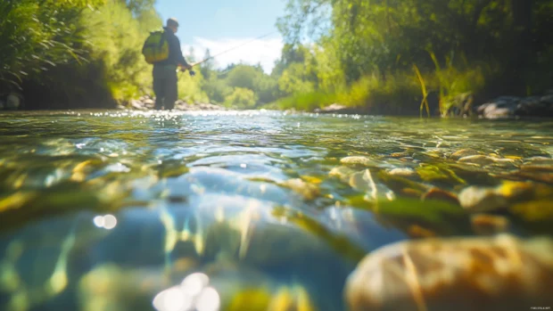 Fly fishing in a crystal clear stream with stones and aquatic plants visible.