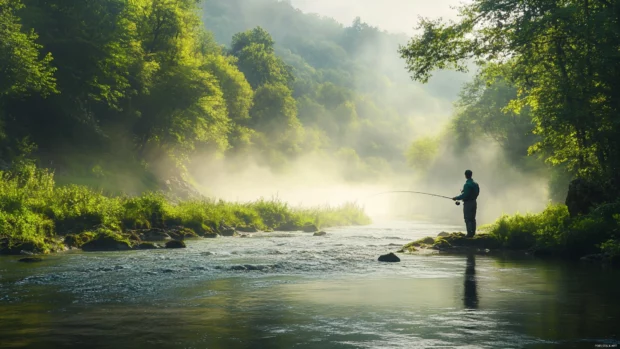 Fly fishing in a misty mountain stream, peaceful atmosphere and lush greenery, perfect nature setting.