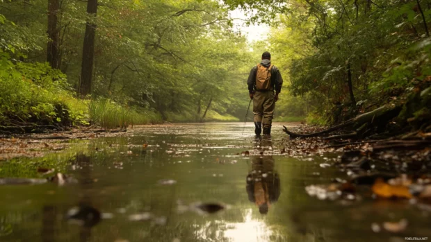 Fly fishing in the calm after rain, puddles and droplets all around.