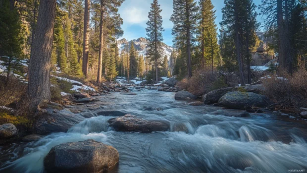 Fly fishing mountain stream wallpaper showing icy waters rushing over rocks beneath tall pine trees.
