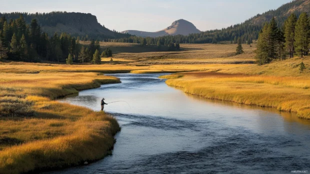 Fly fishing on a river that cuts through golden meadows in early fall.