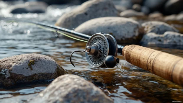 Fly fishing rod and reel wallpaper with close up focus on handcrafted gear resting on river rocks.