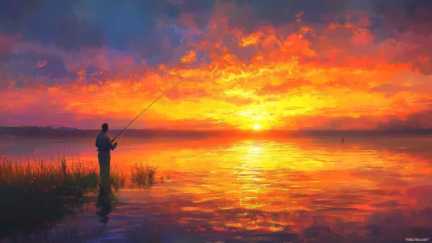 Fly fishing under a vibrant sunset sky, reflections dancing across the water.