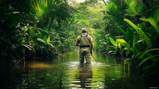 Fly fishing wading wallpaper with an angler in hip waders surrounded by lush greenery and shallow pools.