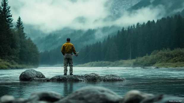 Fly fishing wallpaper for desktop with expansive scenic backdrop, gentle water, and soft overcast lighting.