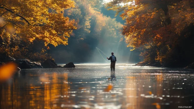 Fly fishing wallpaper with crystal clear reflections and sunlight filtering through autumn foliage.
