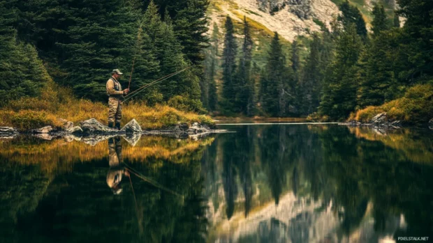 Fly fishing wallpaper with reflection where the angler and trees shimmer gently on glassy water.