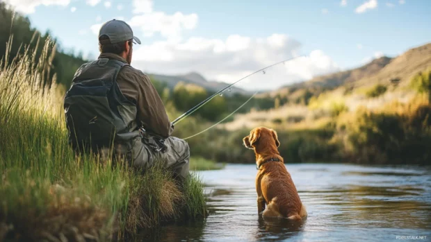 Fly fishing with a loyal dog sitting nearby on a grassy bank.