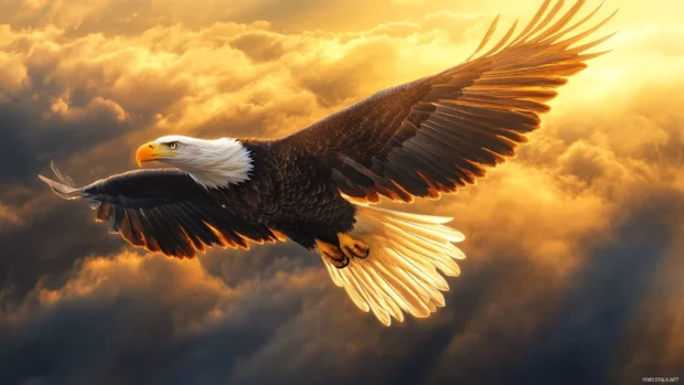 Flying American eagle wallpaper with wings fully extended and clouds streaking behind in golden light.