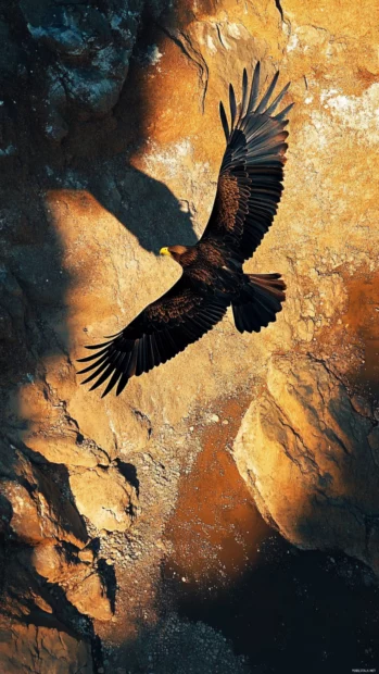 Flying eagle casting a long shadow on the rocks below.