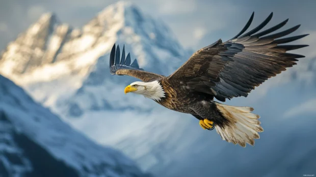 Flying eagle wallpaper 4K capturing the eagle mid flight against a backdrop of misty peaks.