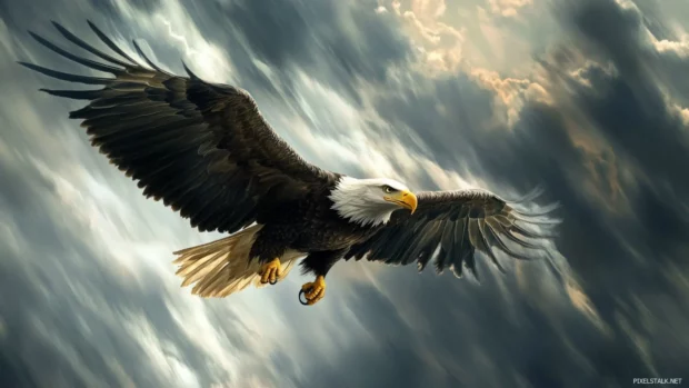 Flying eagle wallpaper showing motion blur and powerful wings slicing through high altitude clouds.