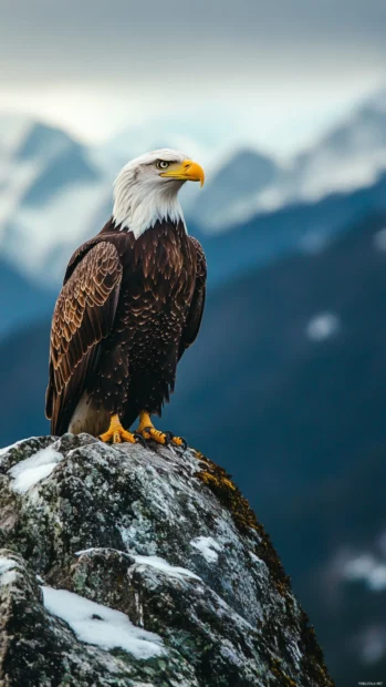 Focused gaze of an eagle as it scouts from a mountaintop.