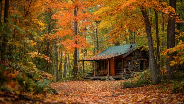 Foliage in full fall colors surrounding a peaceful cabin in the woods, with leaves blanketing the ground.