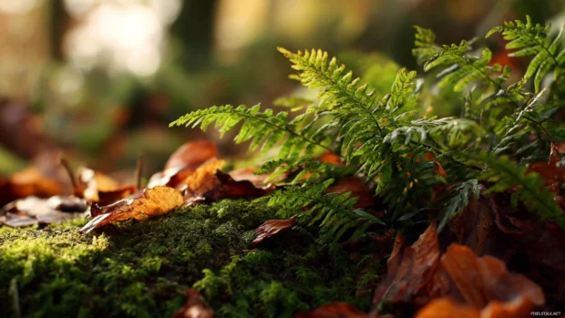 Forest foliage fall wallpaper with close up of damp ferns and fallen leaves over mossy forest floor under soft light.