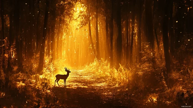 Forest trail with golden light and a lone deer.