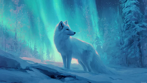 Fox 4k wallpaper with glowing aurora borealis illuminating a sleek arctic fox in a soft snowy forest.