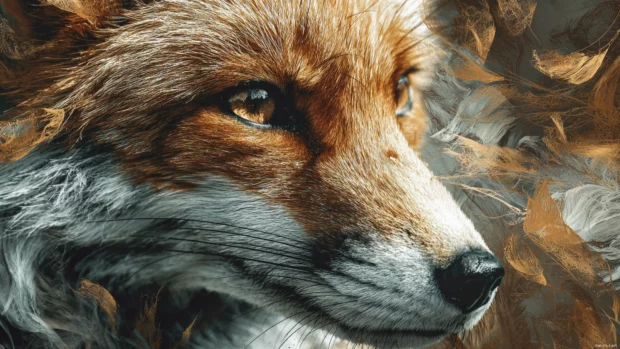 Fox animal wallpaper combining hyperrealistic fur texture with abstract ink strokes for a contemporary nature look.