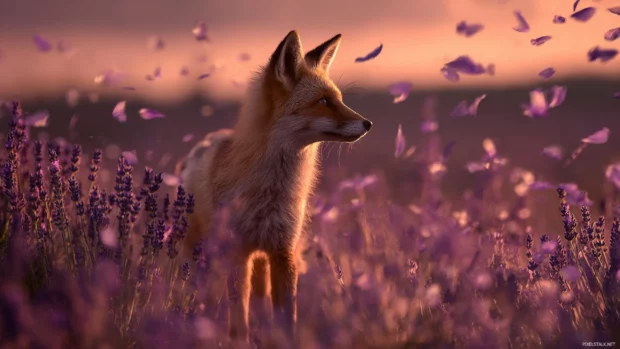 Fox in a lavender field at sunset, petals swirling in the air, golden hour lighting, dreamy composition, peaceful summer evening.