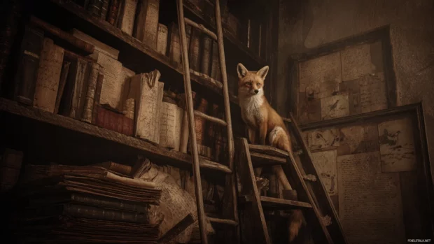 Fox in an old library, perched on a ladder with ancient scrolls, mysterious lighting, vintage book textures, storybook art.