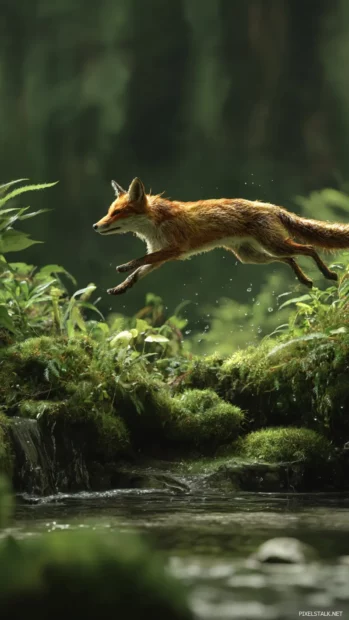 Fox leaping across a mossy stream in a lush forest, dynamic motion captured mid air, bright green tones, forest depth.