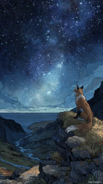 Fox perched on a high cliff overlooking a starry canyon, wind sweeping its fur, vast night scene full of wonder.