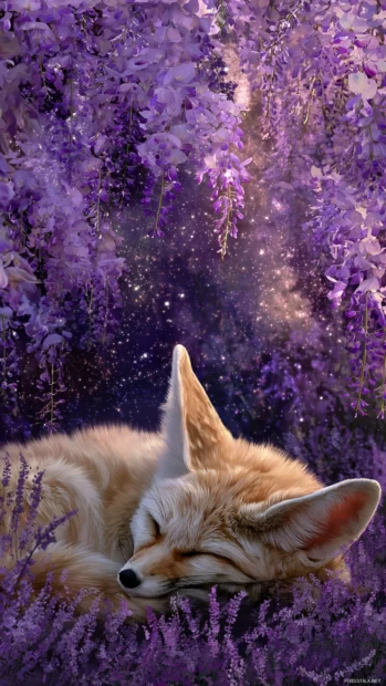 Fox phone wallpaper showing a dreamy fennec fox sleeping beneath a canopy of stars and lavender blooms.