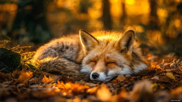 Fox resting under golden autumn leaves in a serene forest, warm sunlight casting soft shadows, ultra detailed fur, peaceful vibe, natural background.