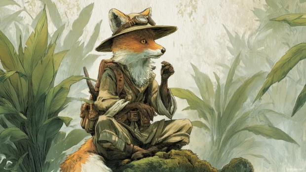 Fox wearing a vintage explorers outfit in a misty jungle, storytelling pose, fantasy adventure illustration.