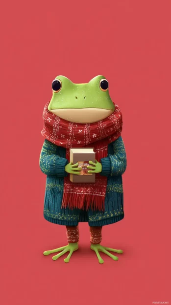 Frog Phone Wallpaper design featuring a smiling frog wrapped in a cozy scarf and holding a tiny book.