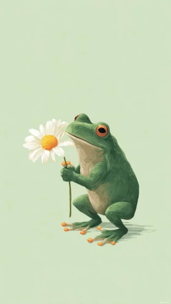 Frog Phone Wallpaper featuring a cheerful green frog holding a daisy in a flat illustration style with a soft pastel background.