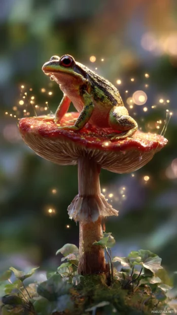Frog Phone Wallpaper featuring a frog dancing on top of a toadstool with magical sparkles around.