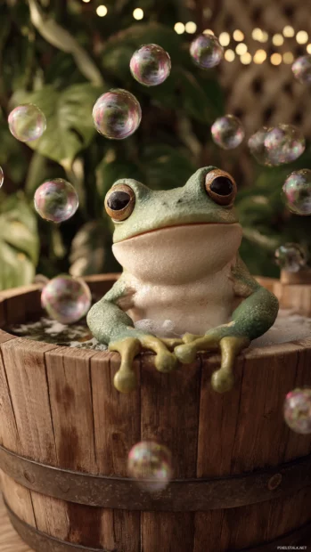 Frog Phone Wallpaper featuring a happy frog blowing bubbles while sitting in a wooden tub.
