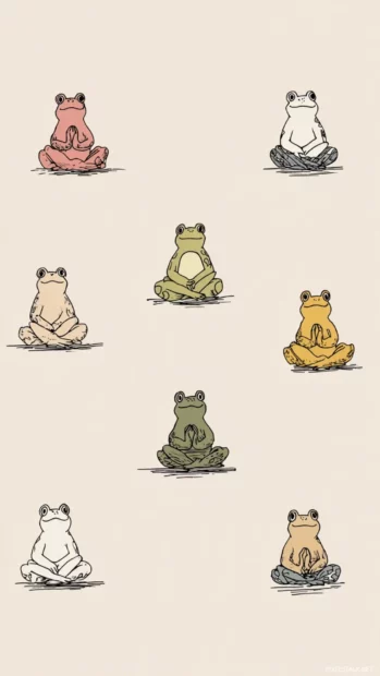 Frog Phone Wallpaper featuring a line of frogs sitting in yoga poses with minimal linework and calm colors.