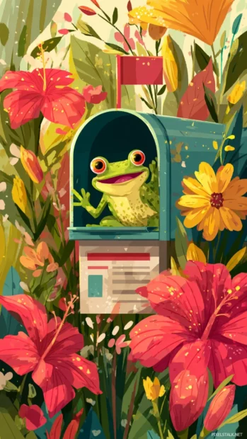 Frog Phone Wallpaper in flat style showing a frog waving from inside a mailbox surrounded by flowers.