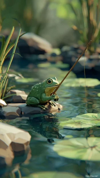 Frog Phone Wallpaper showing a frog fishing with a stick and string in a stylized shallow stream.