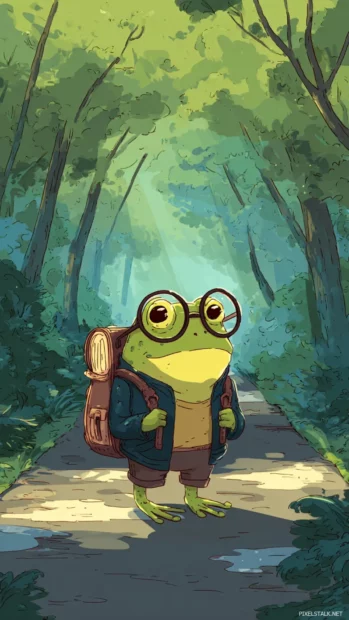 Frog Phone Wallpaper showing a frog with round glasses and a backpack standing on a path in a flat forest scene.