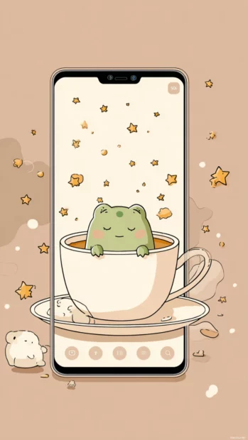Frog Phone Wallpaper showing a sleepy frog in a teacup surrounded by floating stars and soft tones.