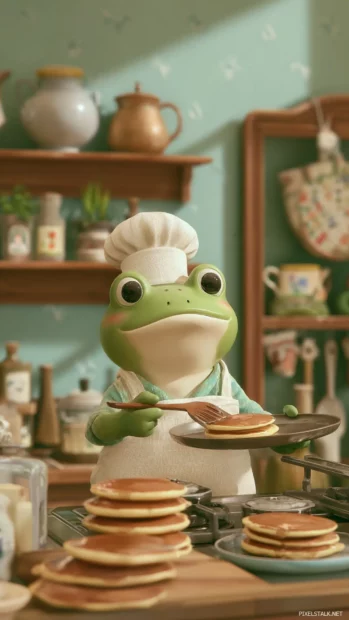 Frog Phone Wallpaper with a frog chef flipping pancakes in a cute cartoon kitchen scene.