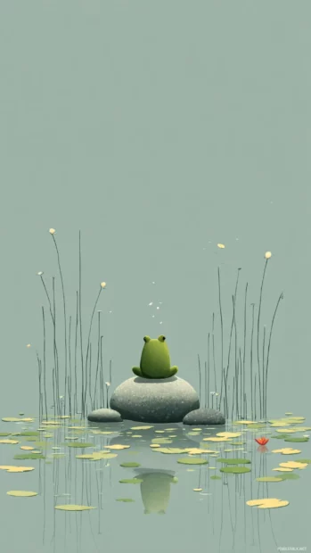 Frog Phone Wallpaper with a minimal illustration of a frog meditating on a rock in a peaceful pond.