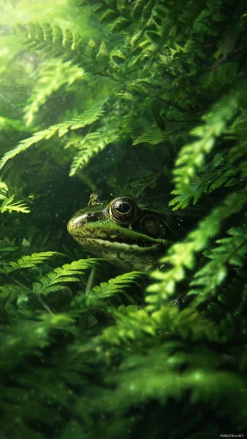 Frog background hd featuring a realistic frog camouflaged among ferns with soft spotlight.