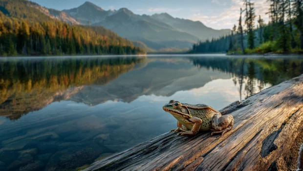 Frog basking in sunlight on a log floating across a still lake, mountains in the distance and calm water reflections.