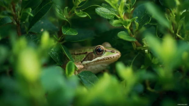 Frog camouflaged in green foliage, subtle details and soft lighting emphasizing its stillness and natural beauty.